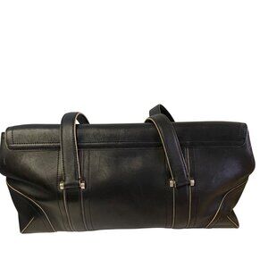 Vintage Black‎ Leather Large Tote Bag With Long Straps  Contrast Stitching
